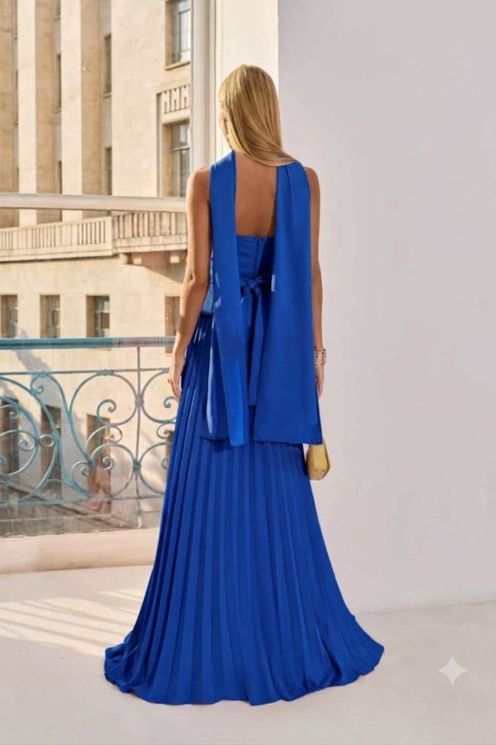 VESTIDO DE FESTA MAITÊ SAIA PLISSADA CHOKER - AZUL ROYAL