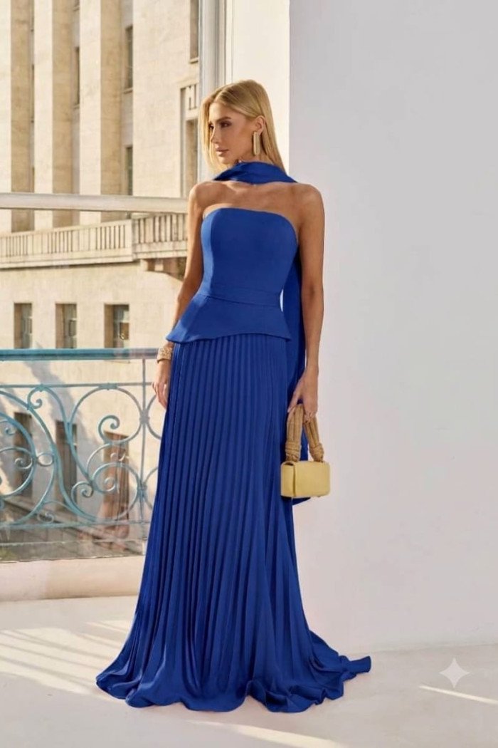 VESTIDO DE FESTA MAITÊ SAIA PLISSADA CHOKER - AZUL ROYAL