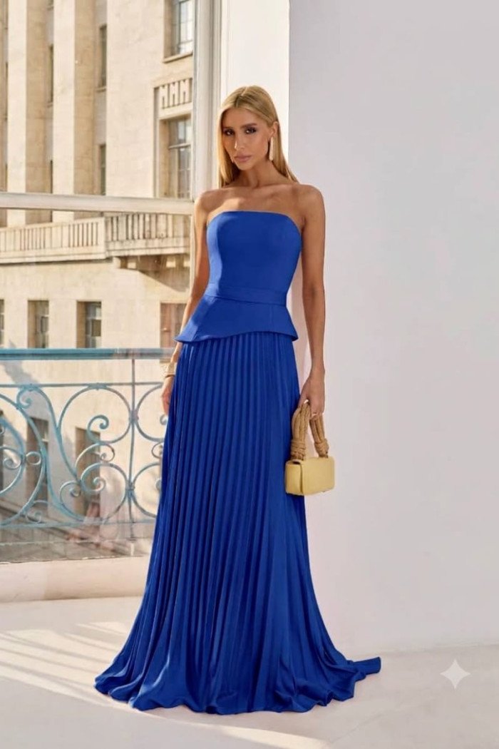 VESTIDO DE FESTA MAITÊ SAIA PLISSADA CHOKER - AZUL ROYAL