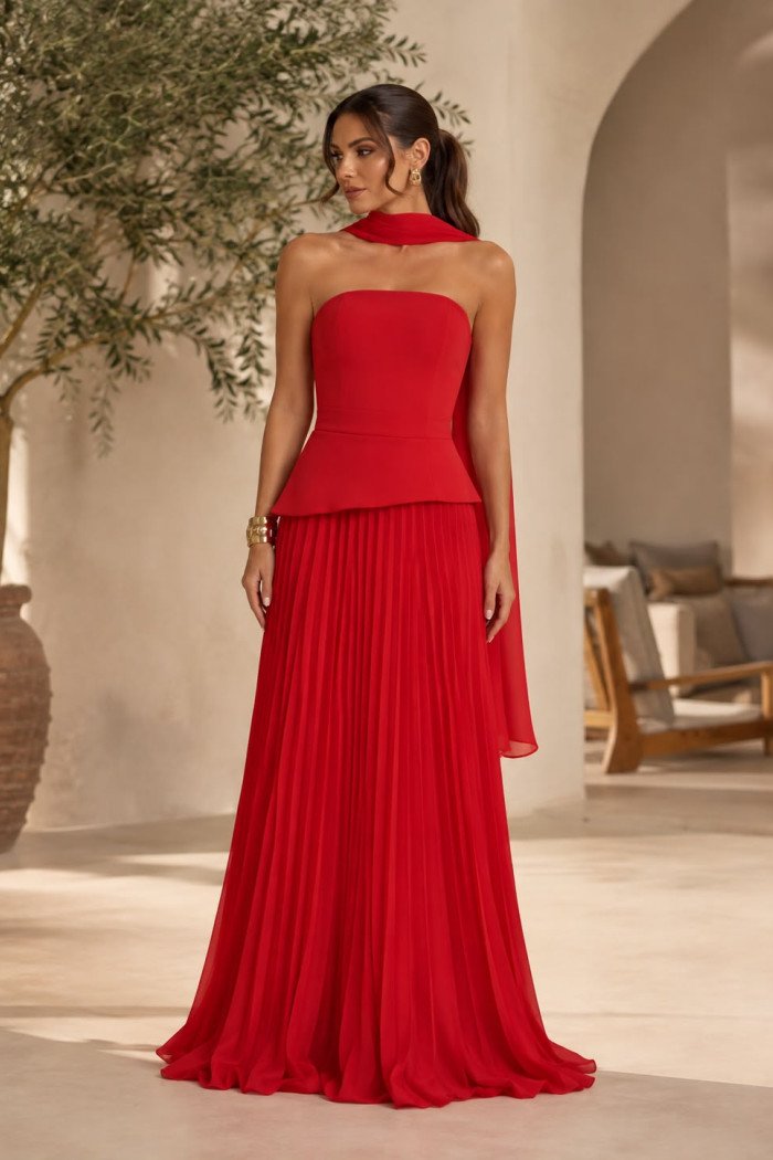 VESTIDO DE FESTA MAITÊ SAIA PLISSADA CHOKER - VERMELHO
