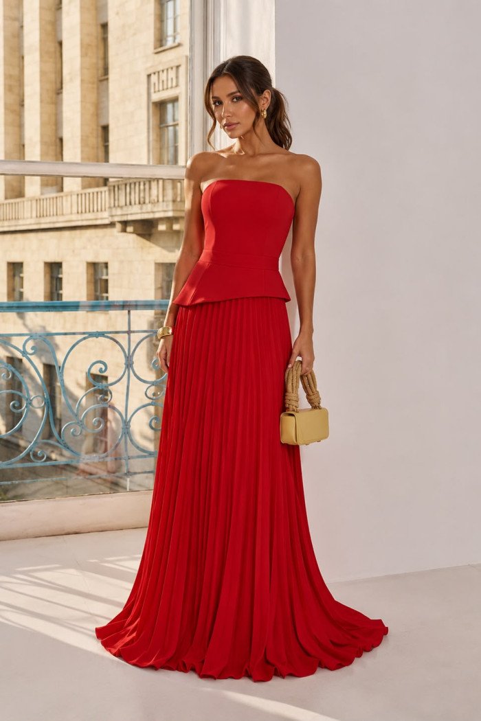 VESTIDO DE FESTA MAITÊ SAIA PLISSADA CHOKER - VERMELHO
