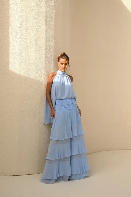 CONJUNTO SIENA BLUSA E SAIA BABADOS - AZUL SERENITY