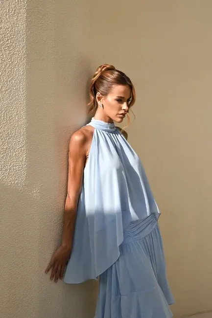 CONJUNTO SIENA BLUSA E SAIA BABADOS - AZUL SERENITY