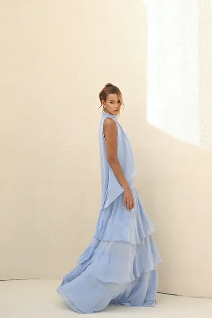 CONJUNTO SIENA BLUSA E SAIA BABADOS - AZUL SERENITY