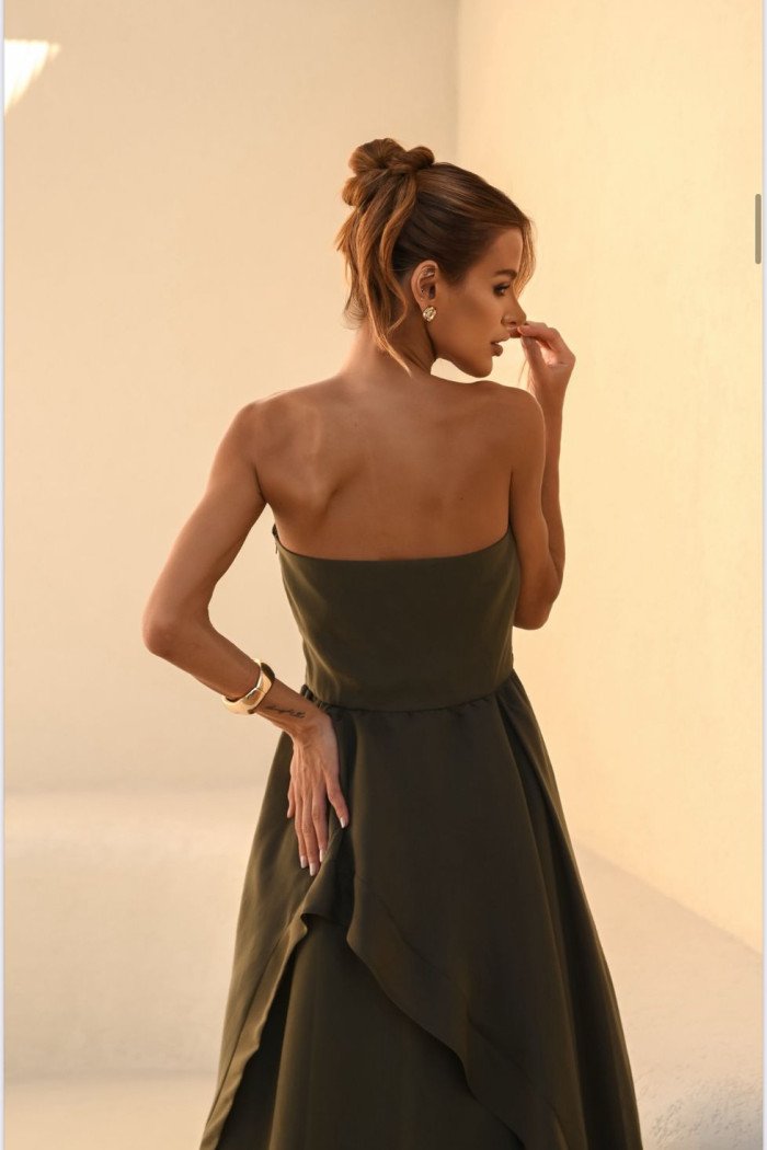 VESTIDO SOFISTIC LONGO T.Q.C. ASSIMÉTRICO ORGANZA - VERDE MILITAR