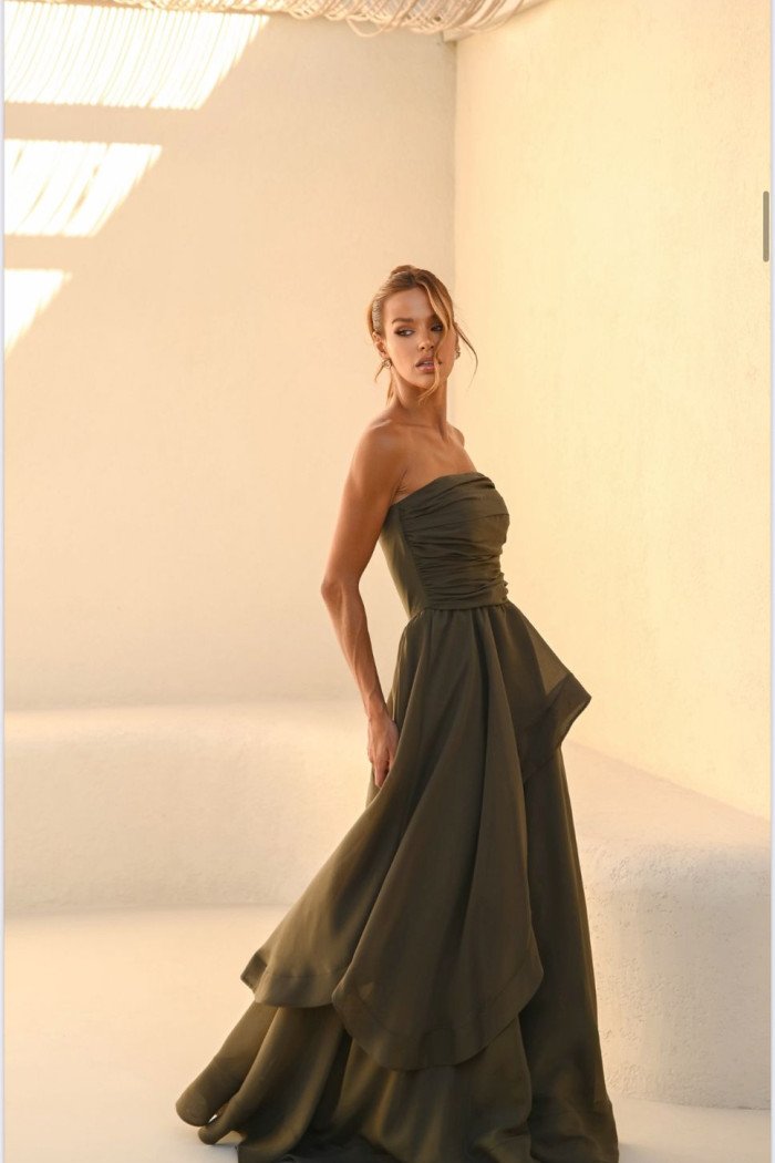 VESTIDO SOFISTIC LONGO T.Q.C. ASSIMÉTRICO ORGANZA - VERDE MILITAR
