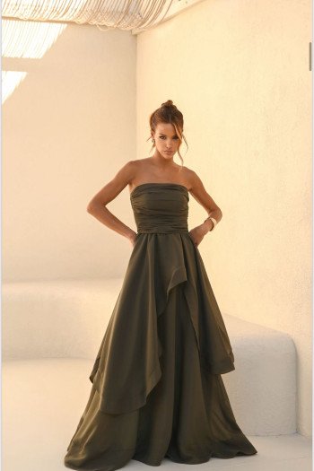 VESTIDO SOFISTIC LONGO T.Q.C. ASSIMÉTRICO ORGANZA - VERDE MILITAR