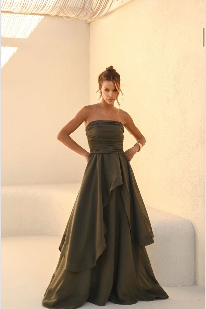 VESTIDO SOFISTIC LONGO T.Q.C. ASSIMÉTRICO ORGANZA - VERDE MILITAR