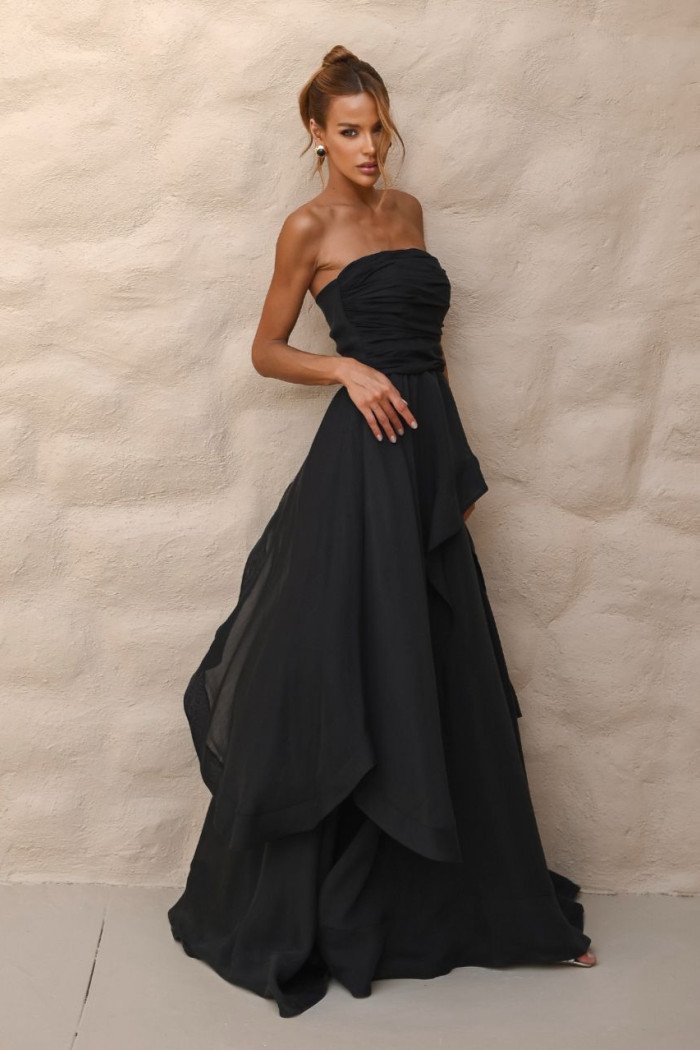 VESTIDO SOFISTIC LONGO T.Q.C. ASSIMÉTRICO ORGANZA - PRETO