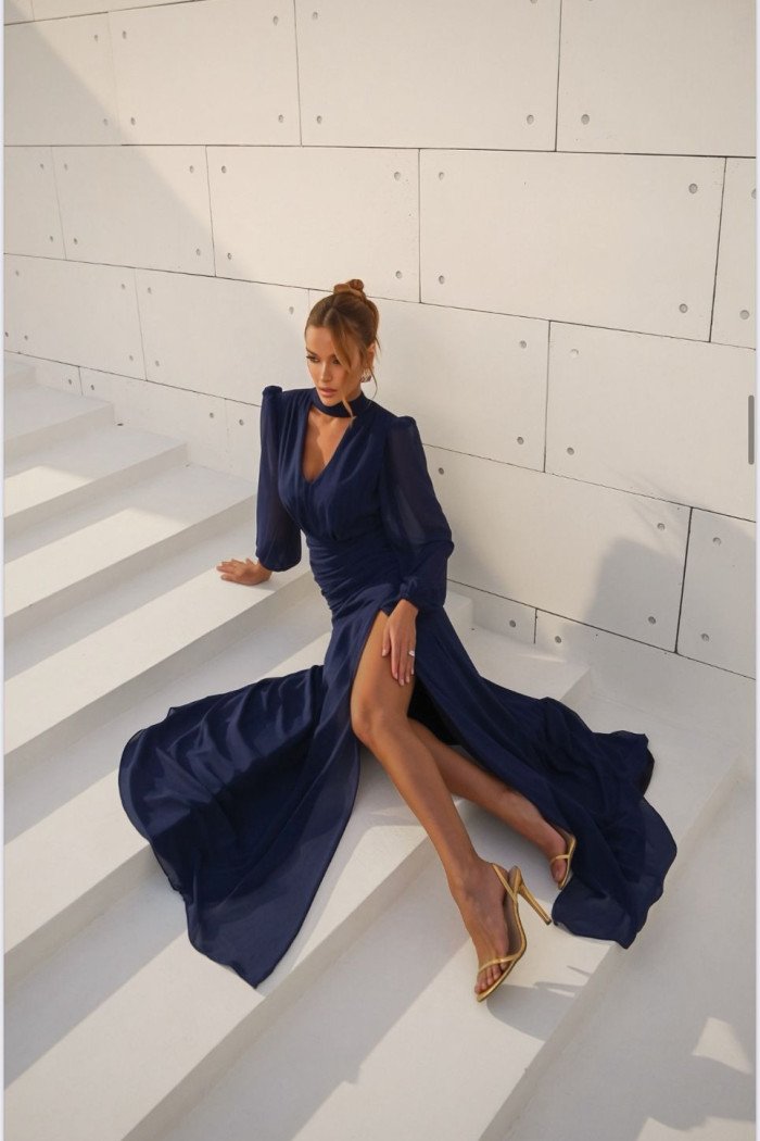 VESTIDO TAINARA LONGO PALA FRANZIDA - AZUL MARINHO