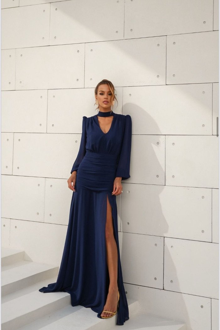 VESTIDO TAINARA LONGO PALA FRANZIDA - AZUL MARINHO