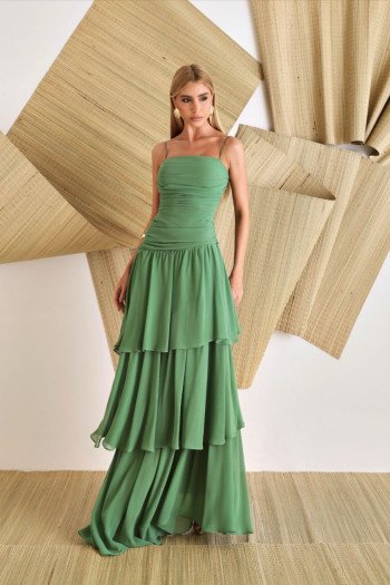 VESTIDO BIA LONGO CAMADAS - VERDE EUCALIPTO