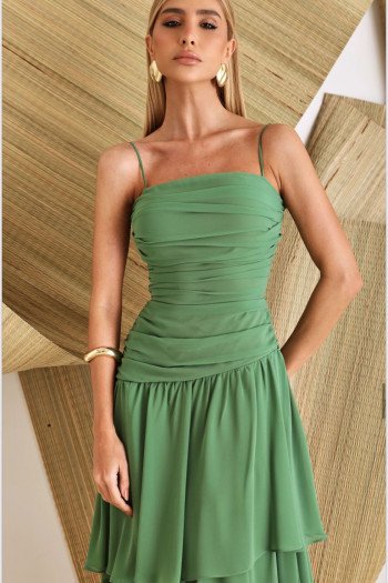 VESTIDO BIA LONGO CAMADAS - VERDE EUCALIPTO