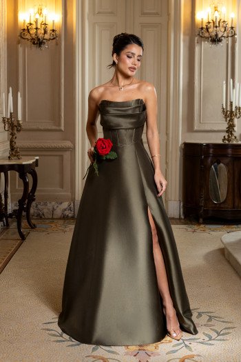 VESTIDO DE FESTA DÁLIA LONGO T.Q.C. ZIBELINE - VERDE OLIVA