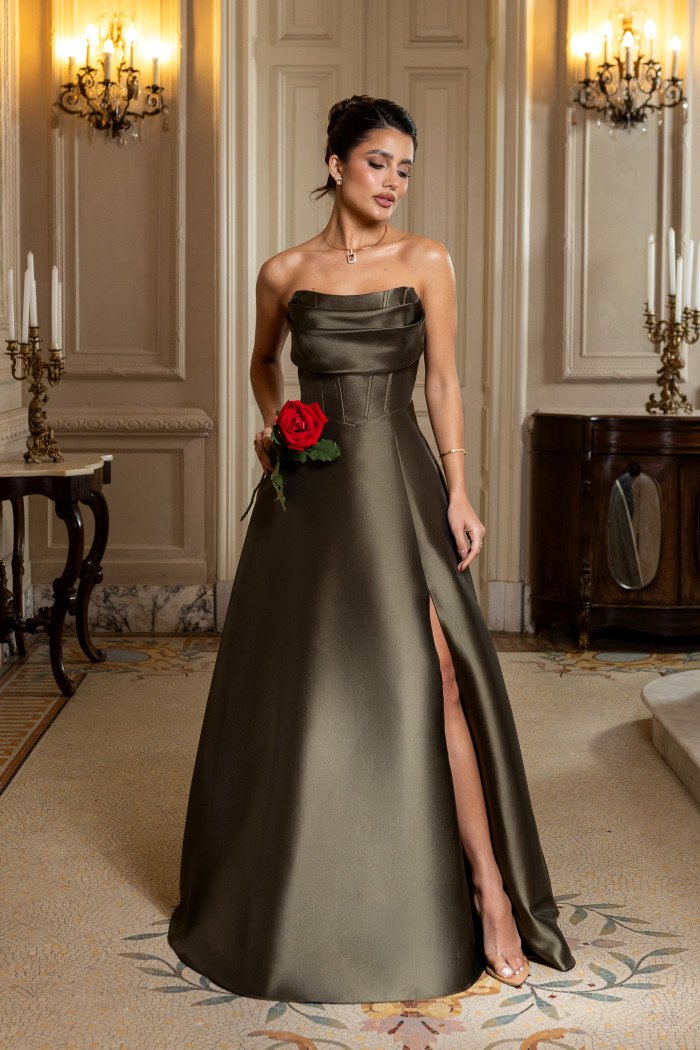 VESTIDO DE FESTA DÁLIA LONGO T.Q.C. ZIBELINE - VERDE OLIVA