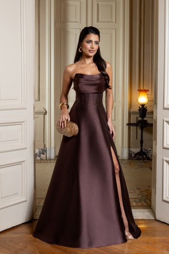 VESTIDO DE FESTA DÁLIA LONGO T.Q.C. ZIBELINE - MARROM