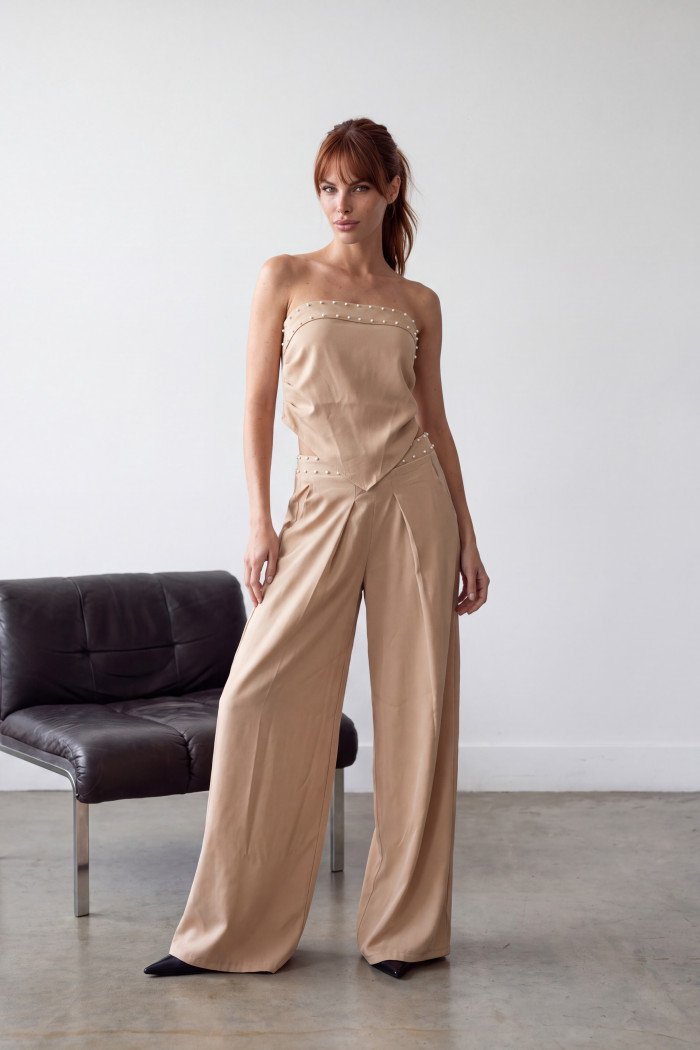 CONJUNTO KAUANE CROPPED E PANTALONA PÉROLAS ATELIER - BEGE