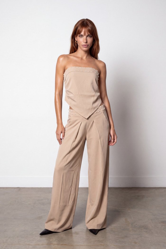 CONJUNTO KAUANE CROPPED E PANTALONA PÉROLAS ATELIER - BEGE