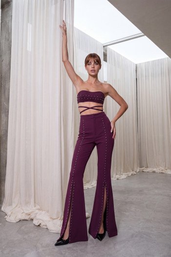 CONJUNTO TOP E PANTALONA TAINÁ FLARE FENDA PÉROLAS ATELIER - UVA