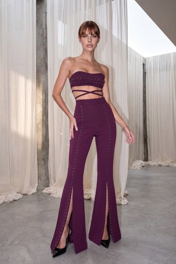 CONJUNTO TOP E PANTALONA TAINÁ FLARE FENDA PÉROLAS ATELIER - UVA