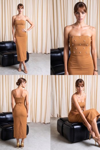 VESTIDO TABATA MIDI PÉROLAS ATELIER - CAMEL