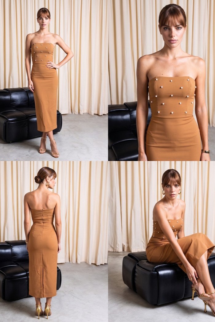 VESTIDO TABATA MIDI PÉROLAS ATELIER - CAMEL