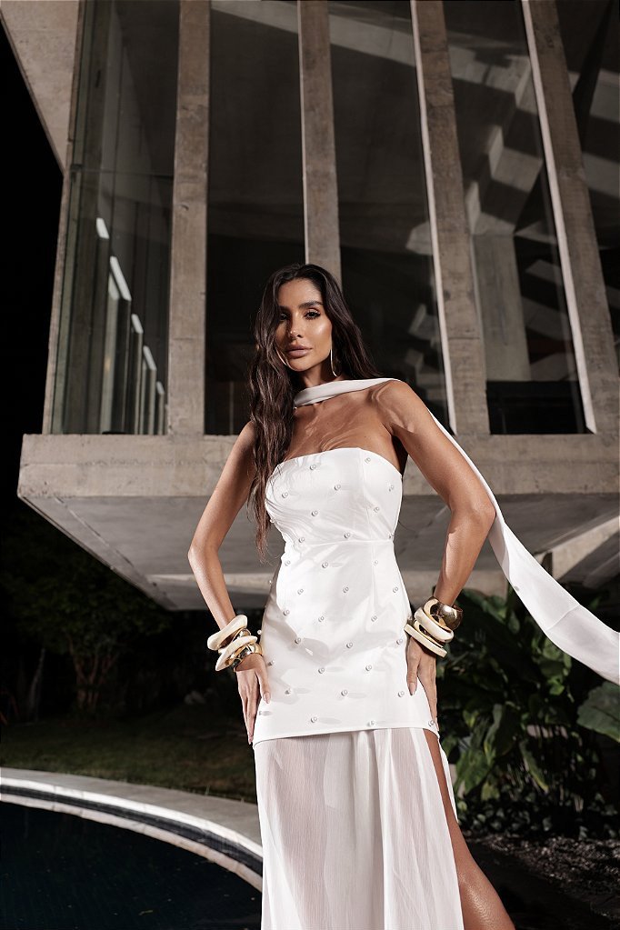VESTIDO FENDA CHOKER PÉROLAS CELEBRATION - OFF WHITE