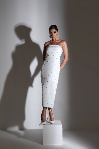 VESTIDO T.Q.C EM ALFAIATARIA PÉROLAS ÉVA - OFF WHITE