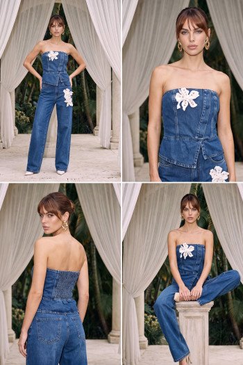 [PRÉ VENDA ENVIOS A PARTIR DE 10/8] CONJUNTO JEANS DARLENE CROPPED E CALÇA FLOWER ATELIER - AZUL