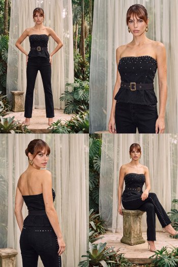 CONJUNTO CROPPED E CALÇA JEANS PÉROLAS ATELIER - PRETO