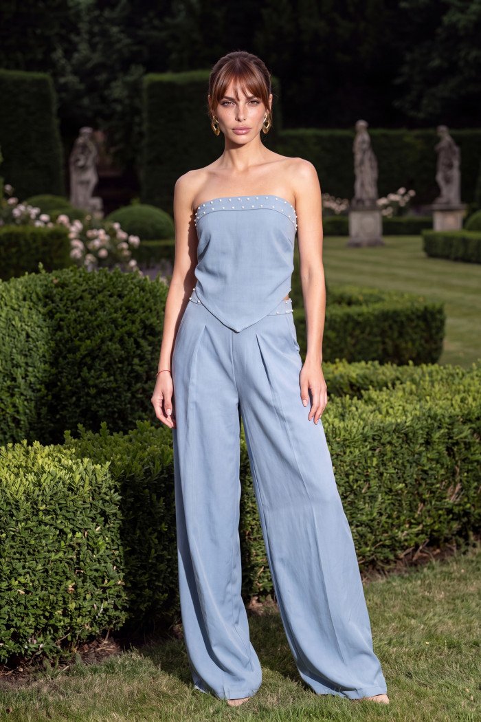 CONJUNTO KAUANE CROPPED E PANTALONA PÉROLAS ATELIER - AZUL SERENITY