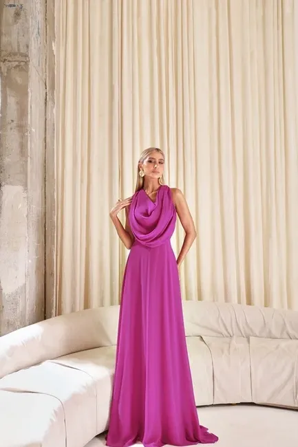VESTIDO DUBLIN LONGO GOLA BOBA - FÚCSIA