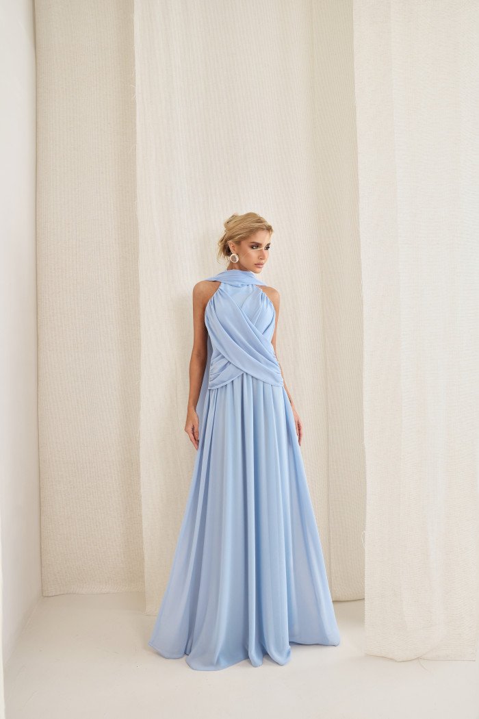VESTIDO DE FESTA BANGKOK LONGO CRUZADO CAPA - AZUL SERENITY