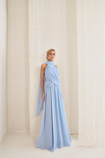 VESTIDO DE FESTA BANGKOK LONGO CRUZADO CAPA - AZUL SERENITY
