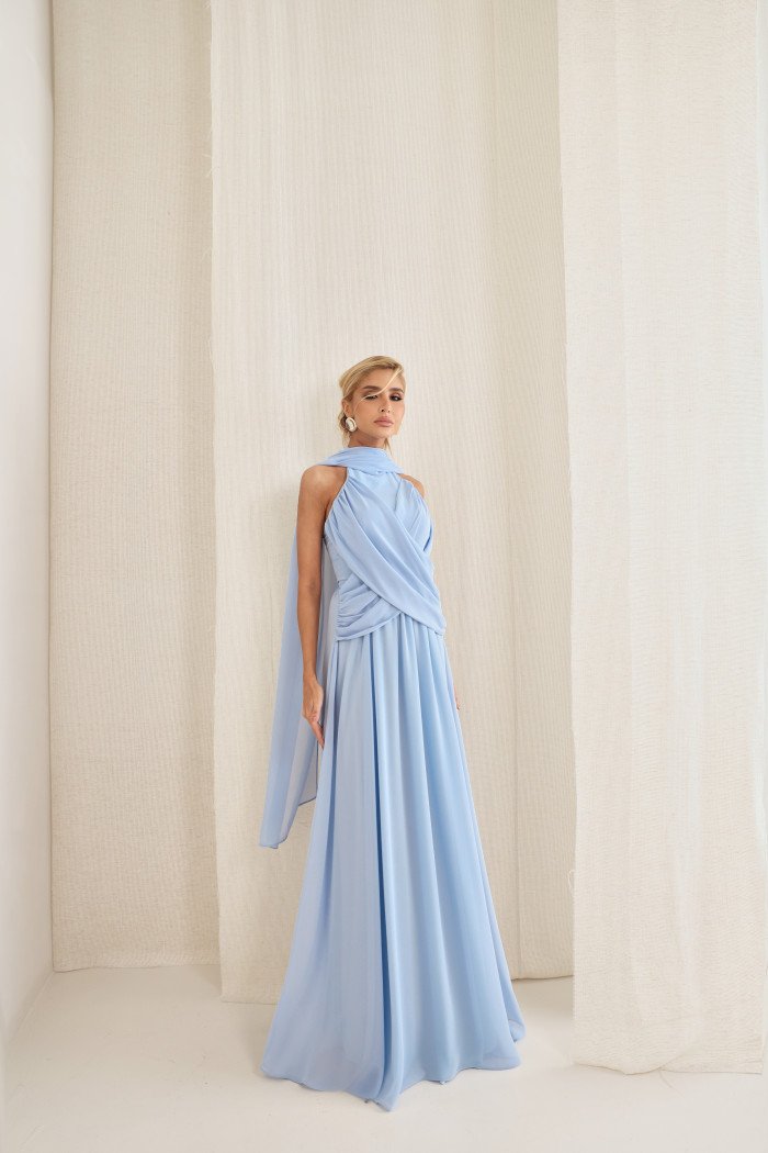 VESTIDO DE FESTA BANGKOK LONGO CRUZADO CAPA - AZUL SERENITY