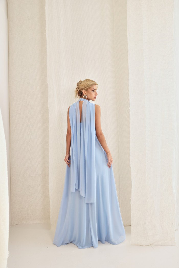 VESTIDO DE FESTA BANGKOK LONGO CRUZADO CAPA - AZUL SERENITY