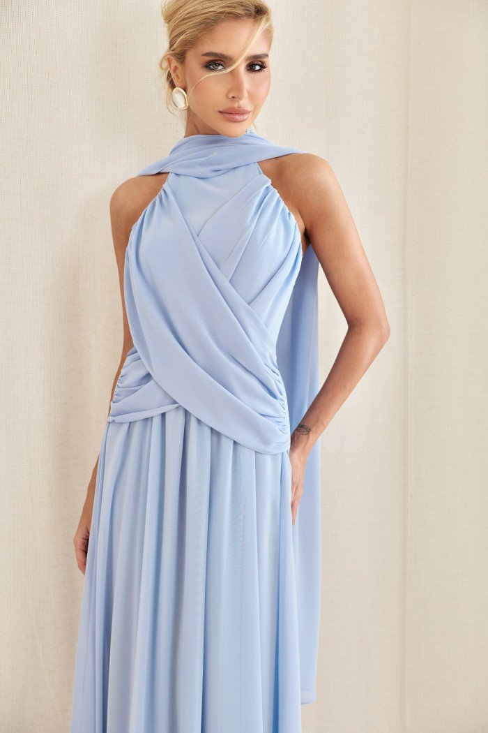 VESTIDO DE FESTA BANGKOK LONGO CRUZADO CAPA - AZUL SERENITY
