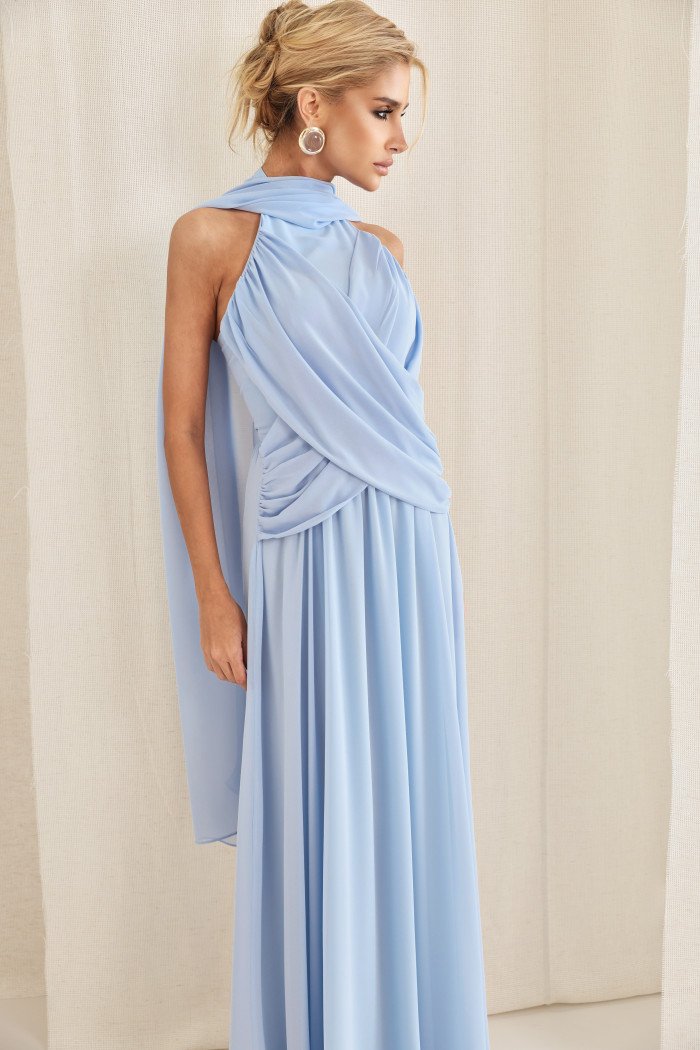 VESTIDO DE FESTA BANGKOK LONGO CRUZADO CAPA - AZUL SERENITY