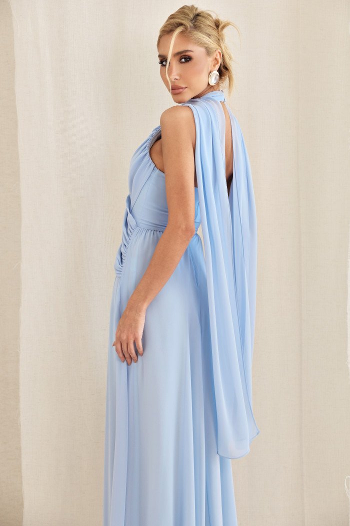 VESTIDO DE FESTA BANGKOK LONGO CRUZADO CAPA - AZUL SERENITY