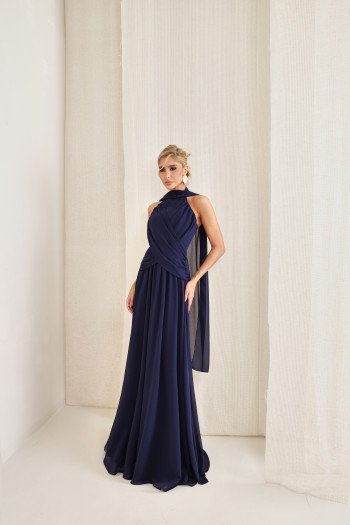 VESTIDO DE FESTA BANGKOK LONGO CRUZADO CAPA - AZUL MARINHO