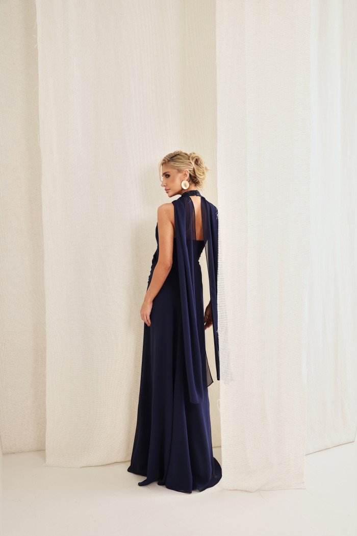 VESTIDO DE FESTA BANGKOK LONGO CRUZADO CAPA - AZUL MARINHO