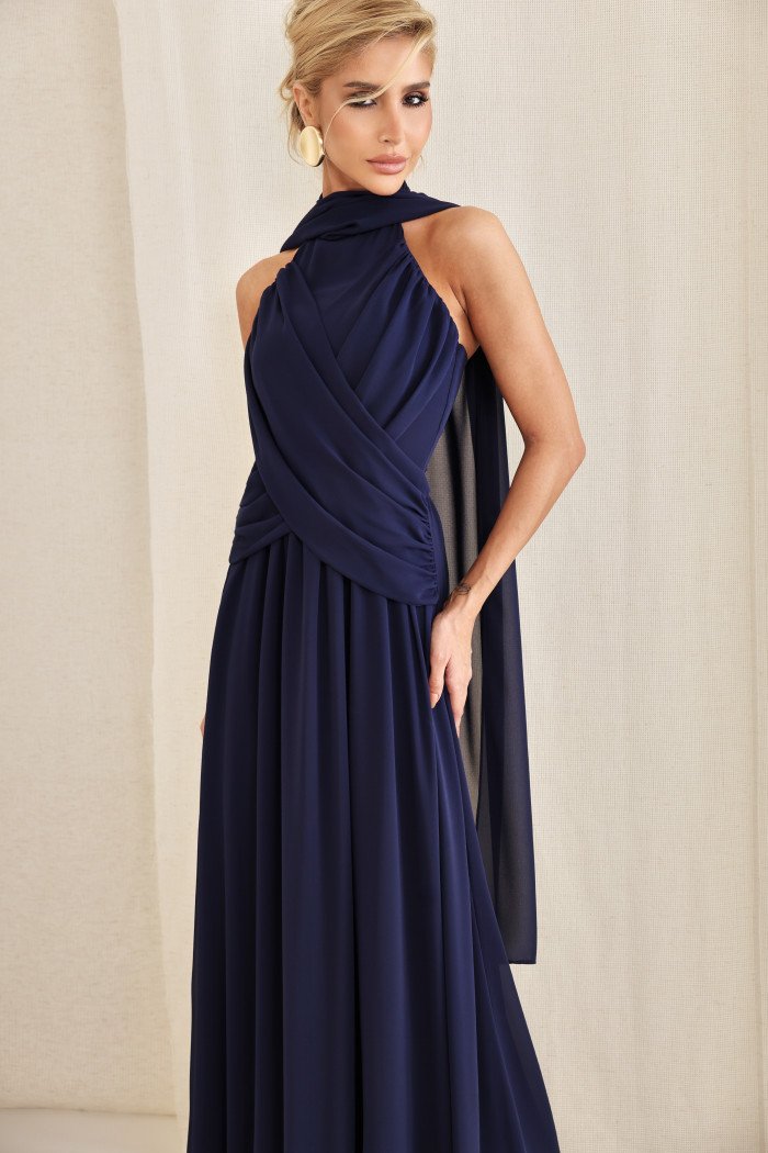 VESTIDO DE FESTA BANGKOK LONGO CRUZADO CAPA - AZUL MARINHO