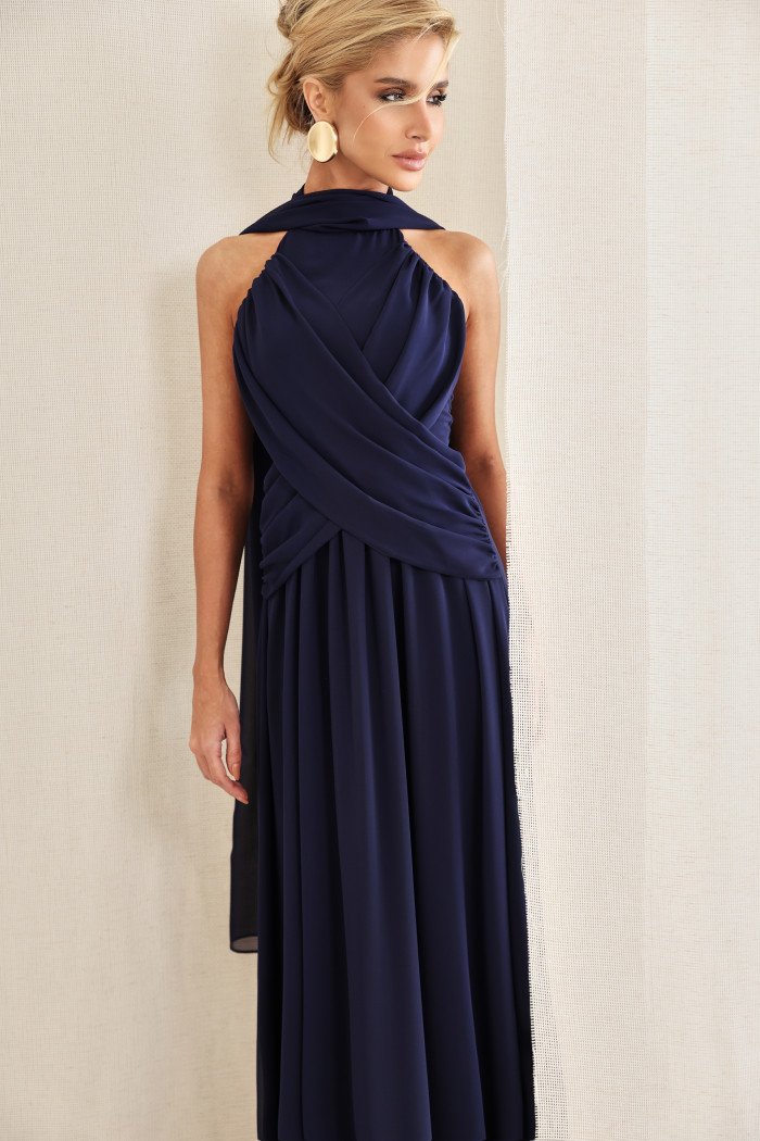 VESTIDO DE FESTA BANGKOK LONGO CRUZADO CAPA - AZUL MARINHO