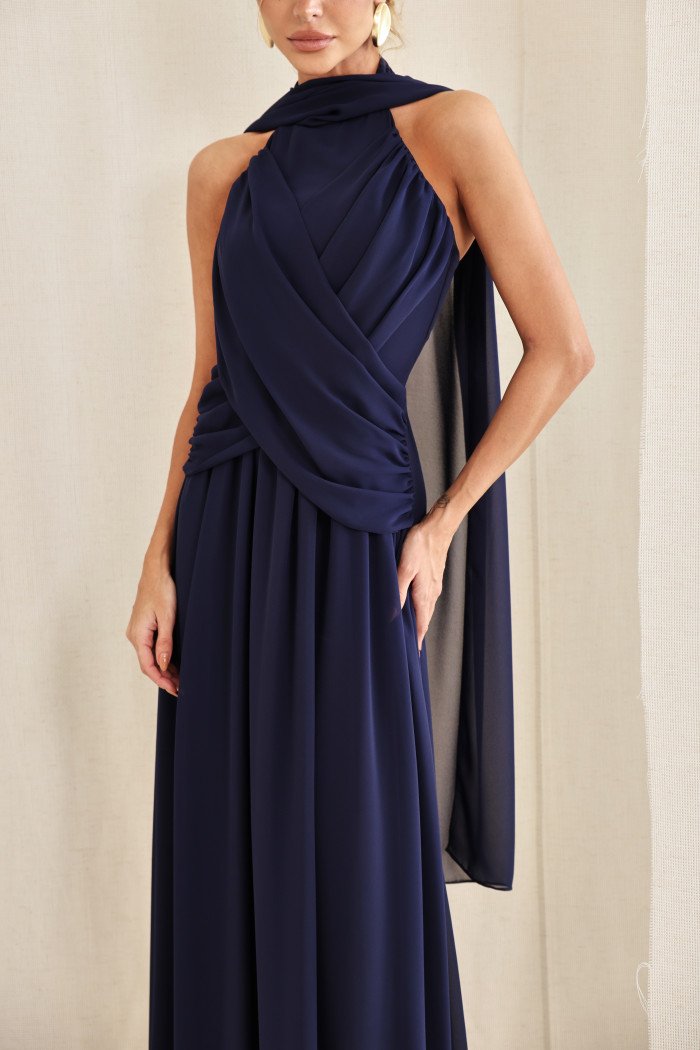 VESTIDO DE FESTA BANGKOK LONGO CRUZADO CAPA - AZUL MARINHO