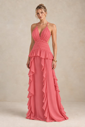 VESTIDO DÉBORA CUT OUT BABADOS - CORAL ROSADO