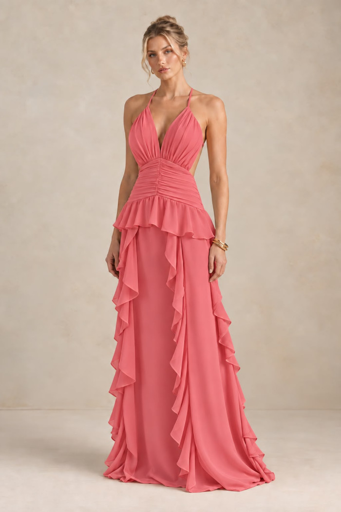 VESTIDO DÉBORA CUT OUT BABADOS - CORAL ROSADO