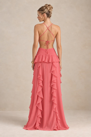 VESTIDO DÉBORA CUT OUT BABADOS - CORAL ROSADO