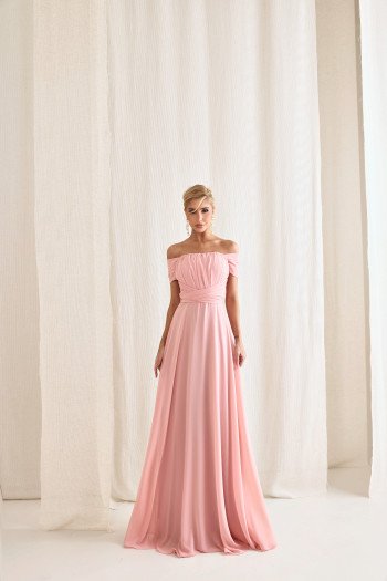 VESTIDO DE FESTA LISBOA LONGO DRAPEADO COM FAIXA - ROSA CLARO