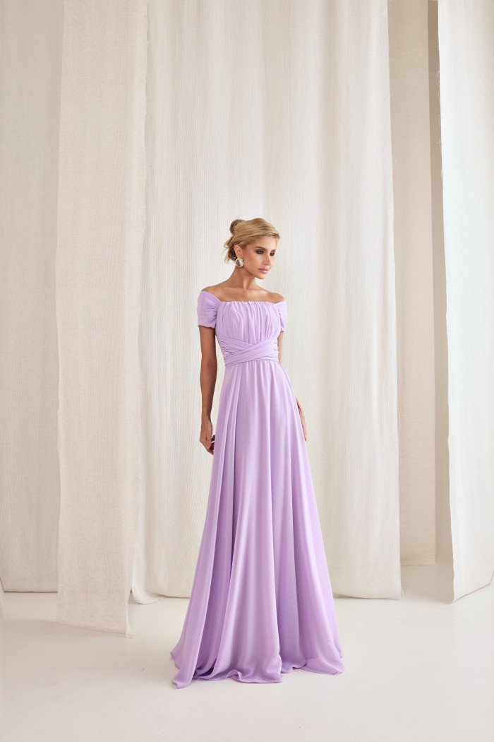 VESTIDO DE FESTA LISBOA LONGO DRAPEADO COM FAIXA - LILÁS