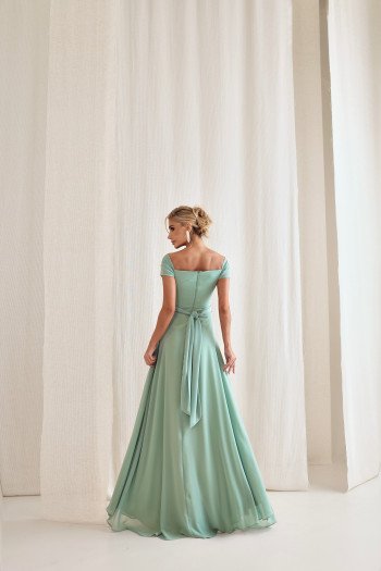 VESTIDO DE FESTA LISBOA LONGO DRAPEADO COM FAIXA - VERDE SAGE